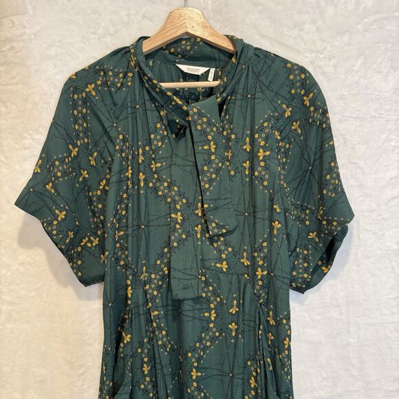 TOAST Bryn Midi Dress Pockets Green Navigation Print Floral Crepe Large - Picture 5 of 12